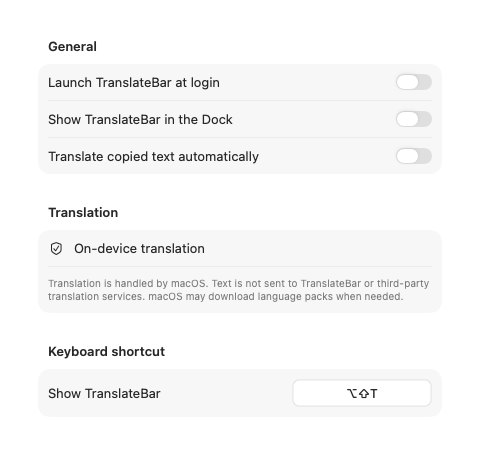 TranslateBar preferences for launch behavior, local translation, and keyboard shortcut